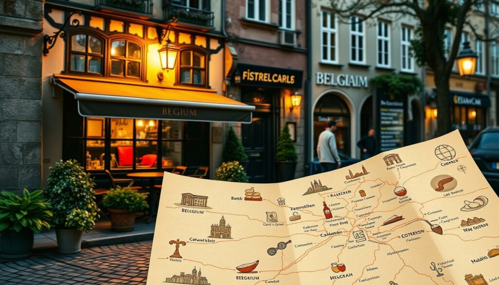 A cozy Belgian café nestled on a quaint street, its outdoor terrace inviting passersby to linger and savor the local culinary delights. Warm lighting casts a golden glow, highlighting the intricate facade and charming cobblestones. In the foreground, a vintage-inspired map of Belgium unfurls, pinpointing the most tantalizing food destinations, from bustling city centers to hidden rural gems. Stylized icons and illustrations dot the map, hinting at the mouthwatering specialties that await the curious traveler. The overall scene conveys a sense of discovery, adventure, and the promise of an unforgettable gastronomic journey through the heart of Belgium.