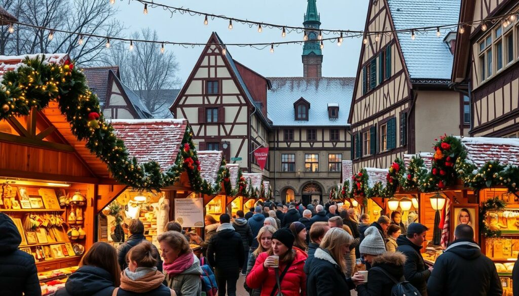 A cozy Christmas market at the charming Haidplatz in Regensburg, Germany. Rows of wooden vendor stalls display a vibrant array of handcrafted wares - intricate ornaments, rustic woodcarvings, vibrant textiles, and artisanal jewelry. The market is bathed in a warm glow from twinkling lights strung overhead, casting a festive ambiance. In the foreground, clusters of shoppers browse the stalls, sipping steaming mugs of glühwein. The historic, half-timbered buildings of Haidplatz form a picturesque backdrop, dusted with a light layer of snow. The overall scene evokes a sense of traditional Bavarian Weihnachtsmarkt charm and cozy, artisanal allure. A cozy Christmas market at the charming Haidplatz in Regensburg, Germany. Rows of wooden vendor stalls display a vibrant array of handcrafted wares - intricate ornaments, rustic woodcarvings, vibrant textiles, and artisanal jewelry. The market is bathed in a warm glow from twinkling lights strung overhead, casting a festive ambiance. In the foreground, clusters of shoppers browse the stalls, sipping steaming mugs of glühwein. The historic, half-timbered buildings of Haidplatz form a picturesque backdrop, dusted with a light layer of snow. The overall scene evokes a sense of traditional Bavarian Weihnachtsmarkt charm and cozy, artisanal allure.