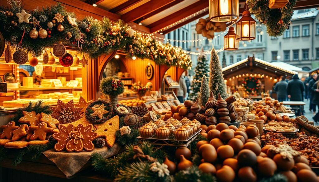 A cozy Christmas market stall, laden with an array of traditional German delicacies. The foreground features an assortment of freshly baked gingerbread, glühwein, and roasted chestnuts, their scents wafting through the crisp air. In the middle ground, a display of handcrafted wooden ornaments, seasonal treats, and aromatic spices create a festive tableau. The background captures the bustling market, with twinkling lights, snow-dusted wooden chalets, and a hint of the historic architecture of the city. Warm, golden lighting casts a welcoming glow, inviting visitors to indulge in the culinary delights and immerse themselves in the cozy, traditional atmosphere of the Weihnachtsmarkt.