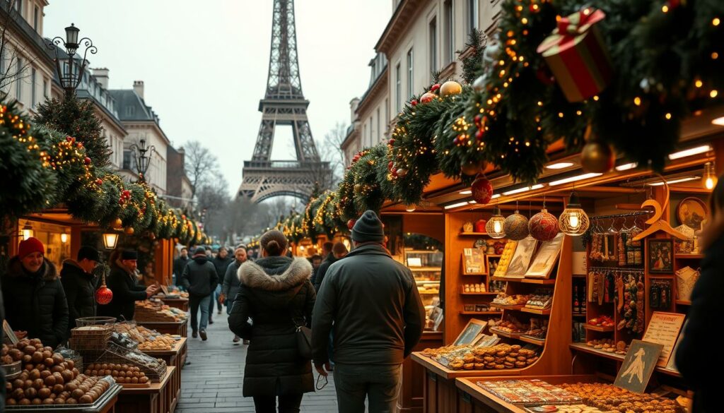 A cozy Parisian Christmas market scene, with twinkling lights and a festive atmosphere. In the foreground, vendors sell warm mulled wine, roasted chestnuts, and handcrafted ornaments. A family strolls by, bundled up against the chill, taking in the sights and sounds. In the middle ground, rows of quaint wooden stalls display an array of holiday treats and crafts. The background features the iconic architecture of Paris, with the Eiffel Tower peeking through the distance. Soft, warm lighting illuminates the scene, creating a magical, inviting ambiance. The overall composition captures the essence of the quintessential Parisian Christmas market experience.