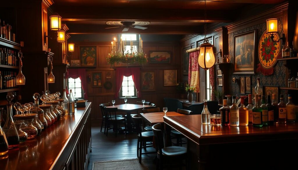 A cozy Polish tavern interior, dimly lit by warm-toned wall sconces. The foreground features a sturdy oak bar, its surface adorned with an array of glass decanters and bottles, each containing an assortment of vibrant liquids. In the middle ground, clusters of wooden tables and chairs invite guests to gather and savor the local beverages. The background showcases traditional Polish folk art and textiles, creating a sense of cultural heritage. Soft, golden light filters through small, leaded-glass windows, casting a nostalgic glow over the scene. The overall atmosphere evokes a convivial, centuries-old drinking culture, where friends and family come together to indulge in more than just vodka. A cozy Polish tavern interior, dimly lit by warm-toned wall sconces. The foreground features a sturdy oak bar, its surface adorned with an array of glass decanters and bottles, each containing an assortment of vibrant liquids. In the middle ground, clusters of wooden tables and chairs invite guests to gather and savor the local beverages. The background showcases traditional Polish folk art and textiles, creating a sense of cultural heritage. Soft, golden light filters through small, leaded-glass windows, casting a nostalgic glow over the scene. The overall atmosphere evokes a convivial, centuries-old drinking culture, where friends and family come together to indulge in more than just vodka.