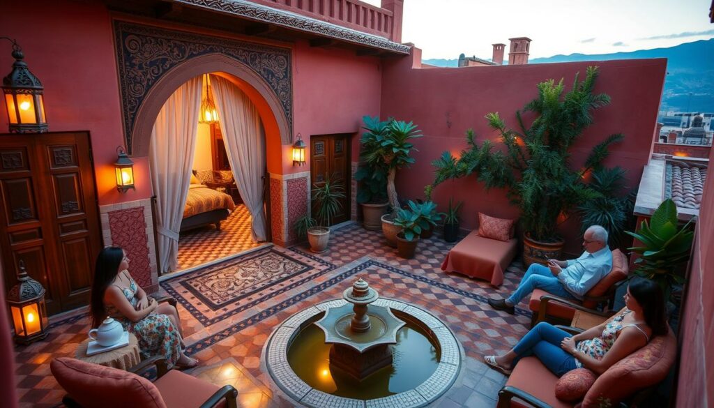 A cozy Riad nestled in the heart of Marrakech, its terracotta walls and ornate arched doorways reflecting the warm hues of the Moroccan sun. Vibrant tiles adorn the central courtyard, where a tranquil fountain gently cascades. Guests lounge on plush cushions, sipping mint tea and taking in the serene atmosphere. Intricate woodcarvings and ornate lanterns cast a soft, golden glow, creating an intimate and inviting ambiance. The rooftop offers stunning views of the distant Atlas Mountains, their snow-capped peaks silhouetted against a dusky sky. This traditional Moroccan haven, brimming with authenticity and charm, offers a truly immersive cultural experience for the discerning traveler.