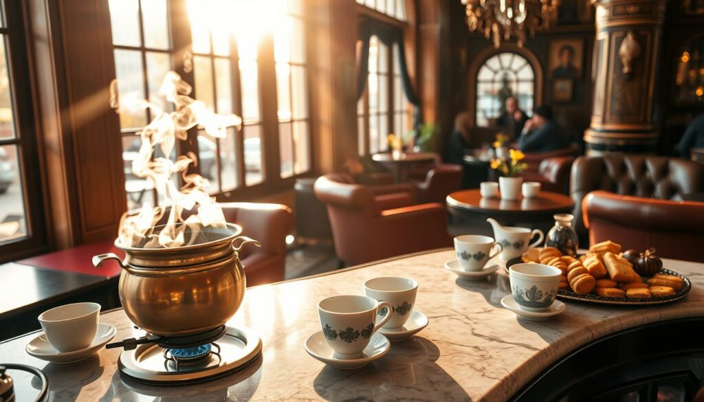 A cozy Turkish coffee house, bathed in warm, golden light filtering through large windows. In the foreground, a polished brass cezve gently simmers on a small gas burner, its aromatic steam curling upwards. On the marble-topped counter, an assortment of traditional Turkish coffee cups, delicate porcelain vessels adorned with intricate patterns. Arranged alongside, an array of sweets and pastries - flaky baklava, sticky Turkish delights, and fragrant cardamom-spiced cookies. In the background, plush, leather-upholstered armchairs and small, round tables invite patrons to linger and savor the tranquil atmosphere, engaging in animated conversations over rich, foamy Turkish coffee poured with skill and ceremony.