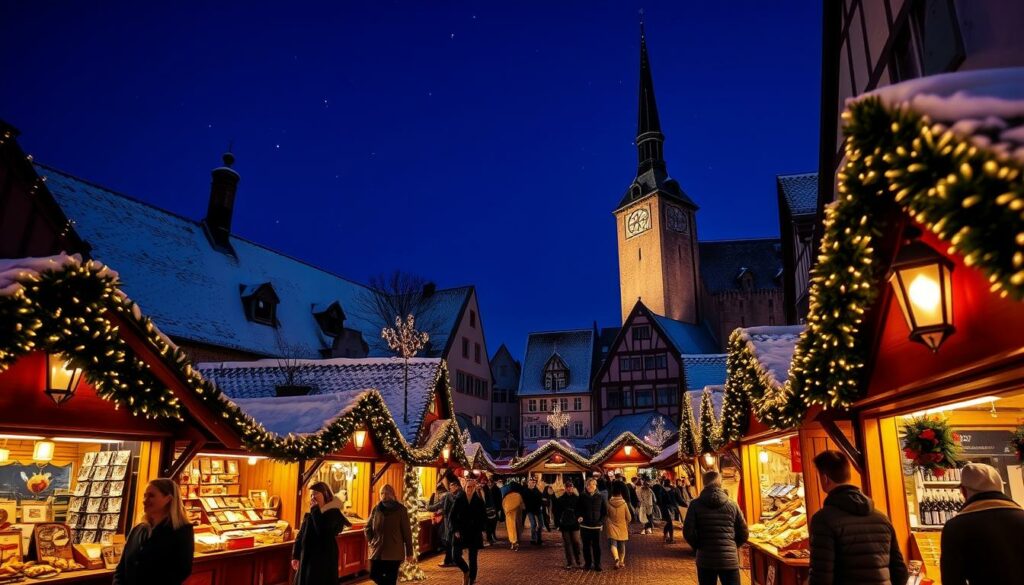 A cozy and festive Weihnachtsmarkt scene in Rothenburg ob der Tauber, with charming wooden stalls and twinkling lights against a backdrop of snow-dusted medieval architecture. In the foreground, vendors offer an array of traditional German handicrafts, hot mulled wine, and delectable treats like gingerbread and roasted chestnuts. In the middle ground, a bustling crowd meanders through the market, admiring the decorations and enjoying the joyful atmosphere. The sky is a deep, starry blue, and the warm glow of lanterns and candles casts a magical ambiance over the entire scene, perfectly capturing the essence of a picturesque Weihnachtsmarkt celebration.