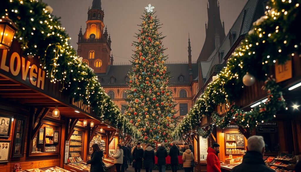 A cozy and vibrant Christmas market scene in Leipzig, Germany. In the foreground, wooden stalls adorned with twinkling lights and garlands offer an array of handcrafted gifts, hot mulled wine, and traditional German delicacies. In the middle ground, a towering Christmas tree stands tall, its branches laden with ornaments and surrounded by families browsing the stalls. The background features the historic architecture of the city, with the warm glow of string lights illuminating the festive atmosphere. The scene is captured with a wide-angle lens, creating a sense of immersion, and lit by a soft, diffused light that casts a magical, winter wonderland ambiance. A cozy and vibrant Christmas market scene in Leipzig, Germany. In the foreground, wooden stalls adorned with twinkling lights and garlands offer an array of handcrafted gifts, hot mulled wine, and traditional German delicacies. In the middle ground, a towering Christmas tree stands tall, its branches laden with ornaments and surrounded by families browsing the stalls. The background features the historic architecture of the city, with the warm glow of string lights illuminating the festive atmosphere. The scene is captured with a wide-angle lens, creating a sense of immersion, and lit by a soft, diffused light that casts a magical, winter wonderland ambiance.
