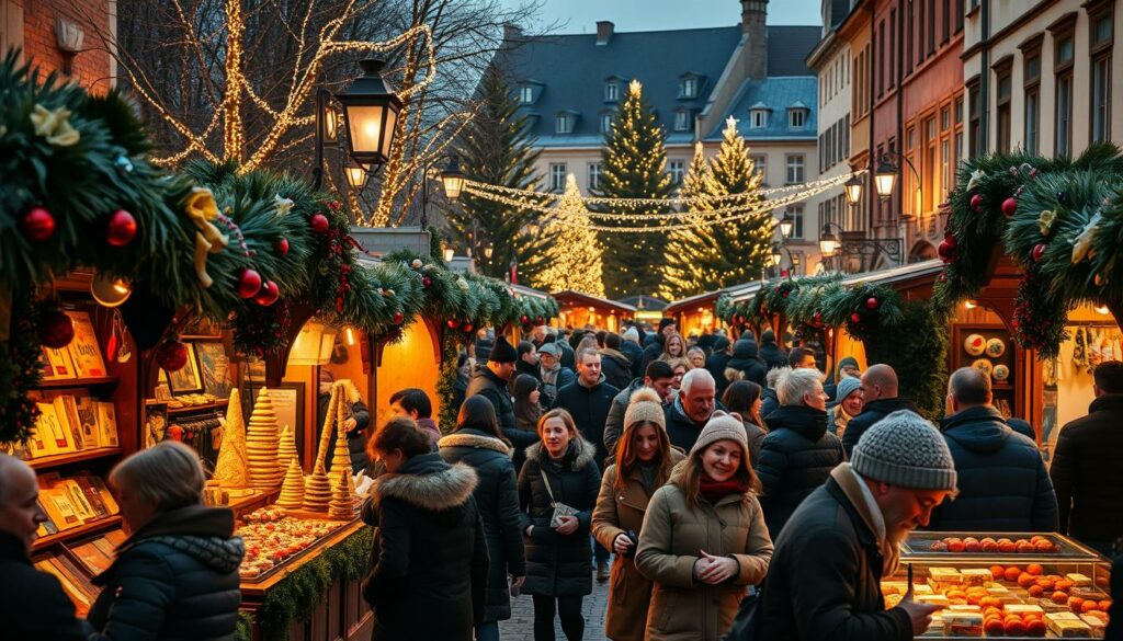 A cozy, bustling winter market in a charming European city, with a warm and festive atmosphere. In the foreground, a variety of handcrafted holiday trinkets, mulled wine stalls, and roasted chestnut vendors create a lively scene. The middle ground features clusters of people strolling through the market, bundled up in winter coats and scarves, exchanging gifts and enjoying the sights and sounds. In the background, a backdrop of twinkling lights, decorated pine trees, and the facades of historic buildings set the stage for this enchanting wintertime event. The lighting is a soft, golden glow, creating a inviting and magical ambiance. A cozy, bustling winter market in a charming European city, with a warm and festive atmosphere. In the foreground, a variety of handcrafted holiday trinkets, mulled wine stalls, and roasted chestnut vendors create a lively scene. The middle ground features clusters of people strolling through the market, bundled up in winter coats and scarves, exchanging gifts and enjoying the sights and sounds. In the background, a backdrop of twinkling lights, decorated pine trees, and the facades of historic buildings set the stage for this enchanting wintertime event. The lighting is a soft, golden glow, creating a inviting and magical ambiance.