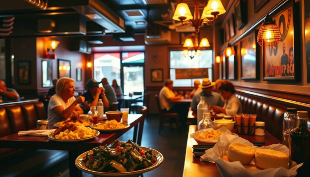 A cozy, dimly lit diner in the heart of the Deep South, the aroma of sizzling fried chicken and sweet cornbread wafting through the air. On the tables, a spread of hearty soul food classics - tender collard greens, creamy mac and cheese, and fluffy biscuits with honey-butter. The warm, golden lighting casts a welcoming glow, as locals and travelers alike savor the comforting flavors and hospitable Southern charm. In the background, the soulful melodies of Blues and Jazz set the mood, creating an authentic, immersive experience of the vibrant Südstaaten culture. A cozy, dimly lit diner in the heart of the Deep South, the aroma of sizzling fried chicken and sweet cornbread wafting through the air. On the tables, a spread of hearty soul food classics - tender collard greens, creamy mac and cheese, and fluffy biscuits with honey-butter. The warm, golden lighting casts a welcoming glow, as locals and travelers alike savor the comforting flavors and hospitable Southern charm. In the background, the soulful melodies of Blues and Jazz set the mood, creating an authentic, immersive experience of the vibrant Südstaaten culture.