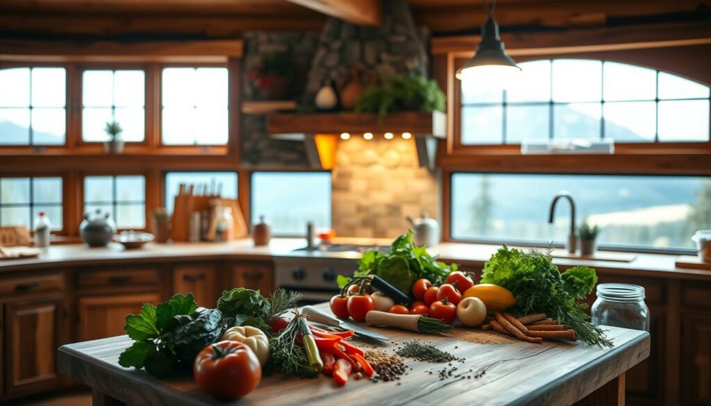 A cozy kitchen interior set in the heart of the Canadian wilderness, with rustic wooden cabinets, a stone fireplace, and large windows overlooking a scenic landscape. Soft, warm lighting casts a welcoming glow, illuminating a well-stocked pantry and a central island filled with fresh ingredients for a local culinary adventure. In the foreground, a cutting board displays an array of regional produce, herbs, and spices, ready to be transformed into a delectable feast. The overall atmosphere evokes a sense of comfort, tradition, and the joy of culinary exploration, perfectly capturing the essence of a "Praktische Tipps Kanada Genussreise".
