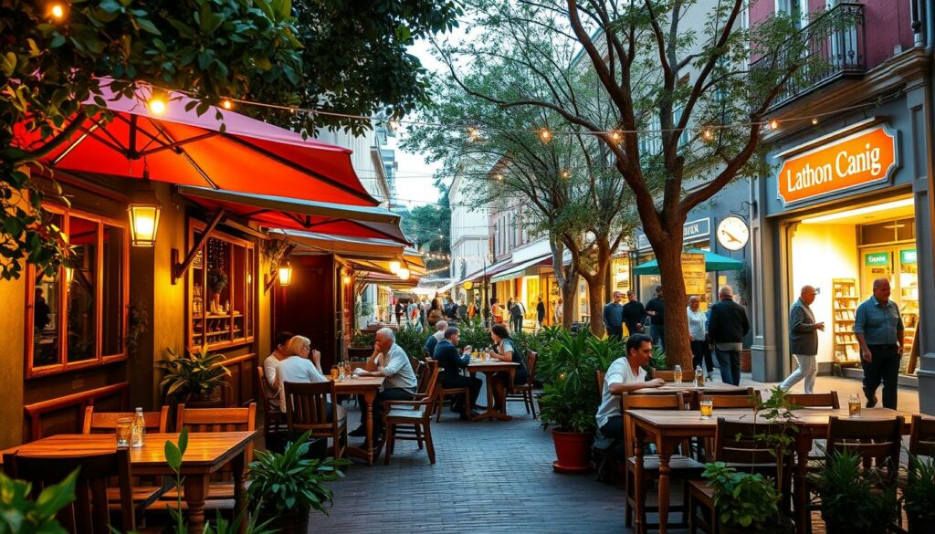 A cozy outdoor cafe nestled in a charming South African town, with a bustling street scene in the background. The foreground features an intimate dining arrangement with rustic wooden tables and chairs, set against a backdrop of lush greenery and colorful umbrellas. The lighting is warm and inviting, with a soft glow from lanterns and fairy lights, creating a welcoming atmosphere. In the middle ground, people are seated at the tables, engaged in lively conversations and savoring local cuisine. The background showcases the vibrant energy of the town, with passersby, shops, and a glimpse of the iconic architecture. The overall scene evokes a sense of authenticity, cultural immersion, and a delightful dining experience. Prompt