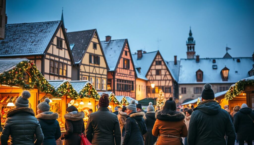 A cozy outdoor scene of the Rothenburg ob der Tauber Christmas market in the evening. The foreground features a group of people bundled up in warm winter coats, hats, and scarves, strolling through the market stalls illuminated by the glow of twinkling lights and festive decorations. The middle ground showcases the picturesque medieval architecture of the town, with its charming half-timbered buildings and cobblestone streets. In the background, a dusting of snow covers the rooftops, creating a serene and enchanting atmosphere. The lighting is a mix of warm, golden tones from the market stalls and the soft glow of streetlamps, casting a cozy and inviting ambiance over the scene. The overall mood is one of joyful anticipation and the magic of the holiday season.
