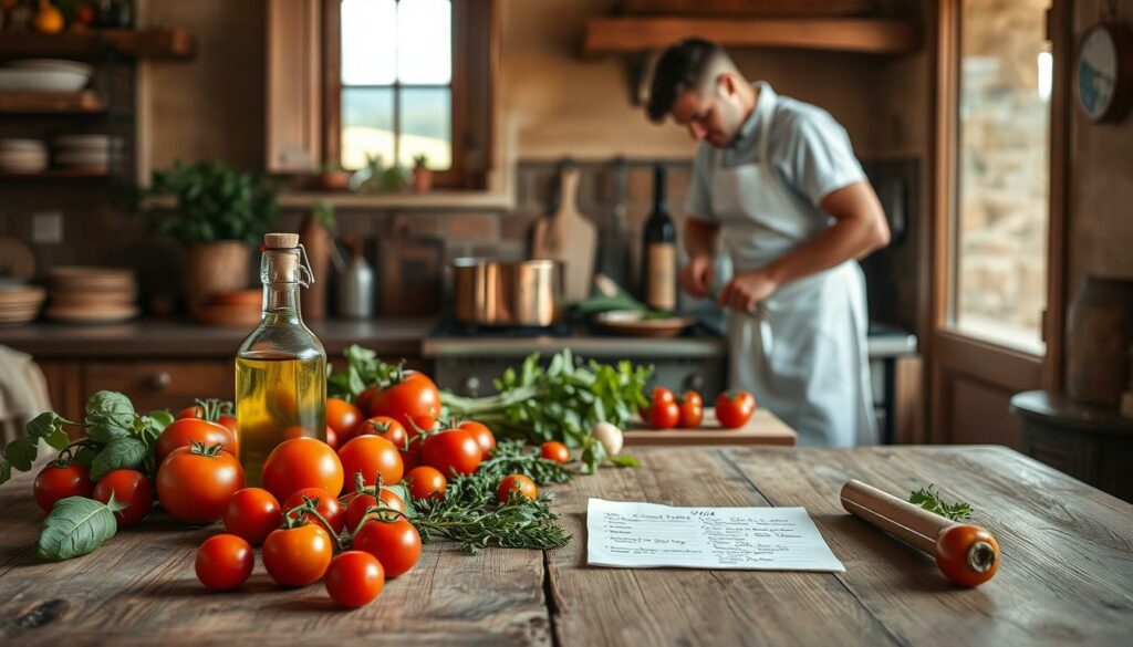 A cozy, rustic Italian kitchen with a large wooden table in the foreground, adorned with a vibrant array of fresh ingredients - juicy tomatoes, aromatic herbs, a bottle of fine olive oil, and a hand-written recipe card. In the middle ground, a chef in a crisp white apron carefully chopping vegetables, their focused expression reflected in a shiny copper pot simmering on the stove. The background features warm, earthy tones, with an open window offering a glimpse of the rolling Italian countryside beyond. Soft, natural lighting casts a welcoming glow throughout the scene, evoking a sense of culinary passion and the joyful anticipation of a delicious "genussreise."