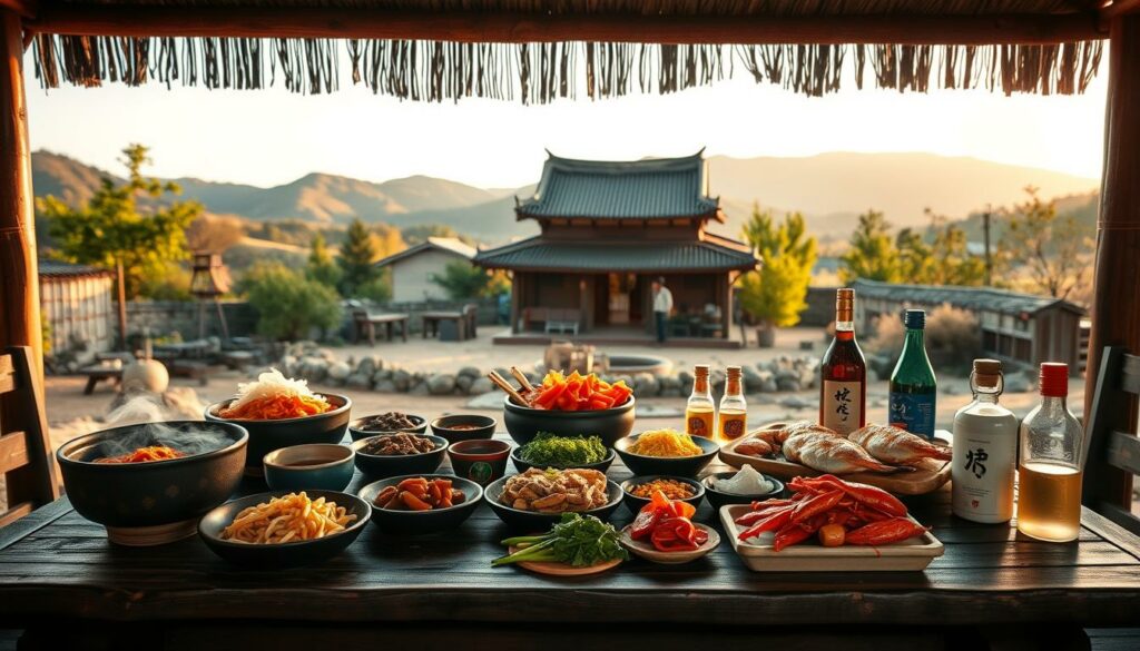 A cozy, rustic outdoor scene depicting the key "stations" of a culinary journey through South Korea. In the foreground, a wooden table with an array of traditional Korean dishes and ingredients - steaming bibimbap, sizzling bulgogi, fresh seafood, fragrant kimchi, and artisanal soju. In the middle ground, a serene rural landscape with rolling hills, a thatched-roof hanok house, and lush foliage. The background is bathed in a warm, golden afternoon light, creating a welcoming, tranquil atmosphere. The composition should evoke a sense of exploration, authenticity, and the joyful discovery of Korean gastronomy.