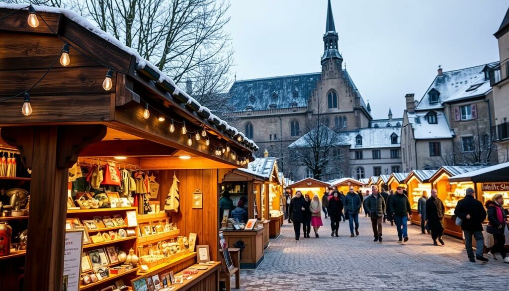 A cozy winter market in Heidelberg, Germany. In the foreground, a wooden booth with a slanted roof displays an array of handcrafted trinkets and warm beverages. Overhead, strings of twinkling lights cast a soft, inviting glow across the scene. In the middle ground, groups of bundled-up shoppers stroll past rows of similar booths, each offering unique local crafts and delicacies. In the background, the historic buildings of Heidelberg's old town loom, their stone facades dusted with a light layer of snow. The atmosphere is one of festive celebration, with the crisp winter air and the aroma of mulled wine creating a welcoming ambiance for all who visit. A cozy winter market in Heidelberg, Germany. In the foreground, a wooden booth with a slanted roof displays an array of handcrafted trinkets and warm beverages. Overhead, strings of twinkling lights cast a soft, inviting glow across the scene. In the middle ground, groups of bundled-up shoppers stroll past rows of similar booths, each offering unique local crafts and delicacies. In the background, the historic buildings of Heidelberg's old town loom, their stone facades dusted with a light layer of snow. The atmosphere is one of festive celebration, with the crisp winter air and the aroma of mulled wine creating a welcoming ambiance for all who visit.
