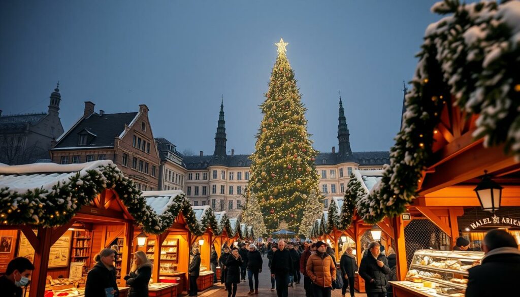 A cozy winter wonderland unfolds, as visitors stroll through a traditional German Christmas market. The foreground showcases an array of festive wooden stalls, each offering handcrafted trinkets, steaming mugs of mulled wine, and the tantalizing aroma of fresh-baked gingerbread. In the middle ground, a bustling crowd admires the twinkling lights adorning the majestic, historic buildings that frame the scene. The background is dominated by a towering Christmas tree, its branches laden with gleaming ornaments, casting a warm glow over the entire setting. The atmosphere is one of enchantment and togetherness, inviting all to savor the insider's experience of this beloved Weihnachtsmarkt.