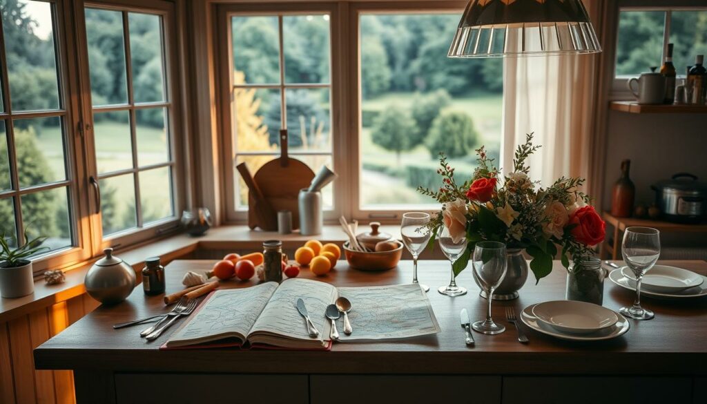 A cozy yet sophisticated kitchen scene, with warm natural lighting filtering through large windows overlooking a lush, verdant landscape. On the countertop, an open travel journal, maps, and various culinary ingredients artfully arranged, hinting at the planning of an indulgent gastronomic journey. Elegant place settings, stemware, and a centerpiece of fresh seasonal blooms evoke a sense of elegant simplicity. The overall mood is one of anticipation, inspiration, and the promise of a truly memorable "Genussreise" or gourmet travel experience. A cozy yet sophisticated kitchen scene, with warm natural lighting filtering through large windows overlooking a lush, verdant landscape. On the countertop, an open travel journal, maps, and various culinary ingredients artfully arranged, hinting at the planning of an indulgent gastronomic journey. Elegant place settings, stemware, and a centerpiece of fresh seasonal blooms evoke a sense of elegant simplicity. The overall mood is one of anticipation, inspiration, and the promise of a truly memorable "Genussreise" or gourmet travel experience.