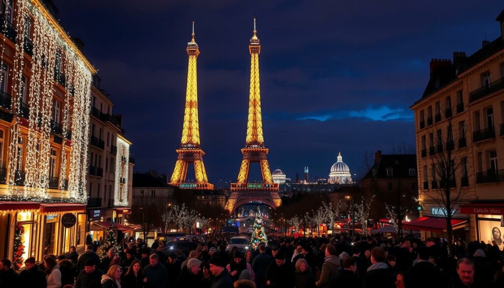 A dazzling winter wonderland unfolds in Paris, as the annual Lichterfestival (Festival of Lights) illuminates the city's enchanting streets. Twinkling lights cascade down the facades of historic buildings, casting a warm glow upon the cobblestoned alleys. In the foreground, a bustling crowd gathers, marveling at the mesmerizing light displays that dance across the sky, creating a magical atmosphere. In the middle ground, the iconic Eiffel Tower stands tall, its wrought-iron structure adorned with a symphony of colorful illuminations. The background is a canvas of deep indigo hues, punctuated by the soft glow of the city's skyline, evoking a sense of wonder and tranquility. The scene is a breathtaking celebration of Parisian Christmas, a feast for the senses that captures the essence of the city's festive spirit.