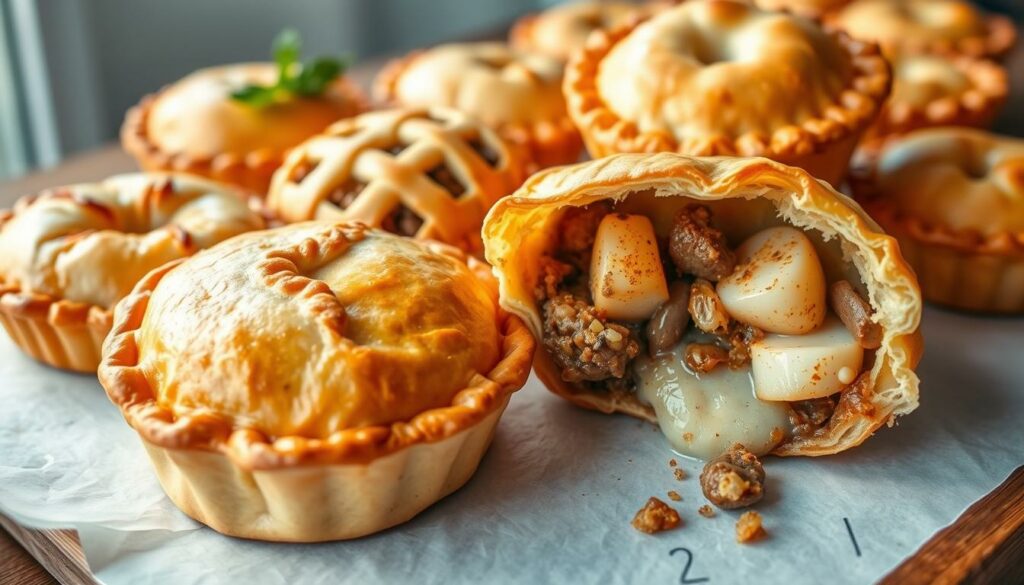 A delightful array of traditional Australian meat pies, each a unique culinary delight. In the foreground, a golden-crusted beef and mushroom pie, its flaky exterior inviting a bite. Beside it, a savory lamb and rosemary pie, the tender filling peeking through the decorative lattice top. In the middle ground, a flaky seafood pie showcasing plump scallops and a creamy sauce. In the background, a selection of smaller hand-pies, their crimped edges hinting at the flavors within. Soft, natural lighting casts a warm glow, highlighting the inviting textures and colors of this quintessential Australian comfort food. The scene evokes a sense of homemade tradition and culinary craftsmanship. A delightful array of traditional Australian meat pies, each a unique culinary delight. In the foreground, a golden-crusted beef and mushroom pie, its flaky exterior inviting a bite. Beside it, a savory lamb and rosemary pie, the tender filling peeking through the decorative lattice top. In the middle ground, a flaky seafood pie showcasing plump scallops and a creamy sauce. In the background, a selection of smaller hand-pies, their crimped edges hinting at the flavors within. Soft, natural lighting casts a warm glow, highlighting the inviting textures and colors of this quintessential Australian comfort food. The scene evokes a sense of homemade tradition and culinary craftsmanship.
