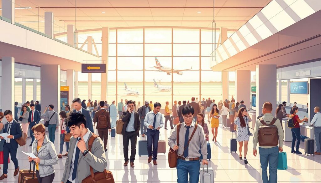 A detailed, realistic illustration of "Einreise USA Ausnahmen und Sonderfälle" depicting a busy airport departure lounge. Sunlit, airy atmosphere with sleek, modern architecture and clean lines. In the foreground, a diverse group of travelers - businessmen, families, and tourists - consulting documents, making phone calls, and navigating the space. In the middle ground, airport security checkpoints and agents assisting passengers. The background features large windows overlooking the tarmac, with aircraft taking off and landing. The overall mood is one of anticipation, preparation, and the excitement of international travel, yet with an undertone of careful navigation through visa and entry requirements. A detailed, realistic illustration of "Einreise USA Ausnahmen und Sonderfälle" depicting a busy airport departure lounge. Sunlit, airy atmosphere with sleek, modern architecture and clean lines. In the foreground, a diverse group of travelers - businessmen, families, and tourists - consulting documents, making phone calls, and navigating the space. In the middle ground, airport security checkpoints and agents assisting passengers. The background features large windows overlooking the tarmac, with aircraft taking off and landing. The overall mood is one of anticipation, preparation, and the excitement of international travel, yet with an undertone of careful navigation through visa and entry requirements.