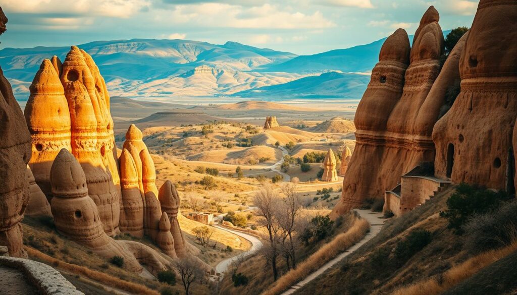 A dramatic, dreamlike landscape of Cappadocia's iconic rock formations. In the foreground, towering fairy chimneys and cave dwellings carved from warm ochre tuffa stone. In the middle ground, a meandering path leads through a valley dotted with windswept trees. The background reveals rolling hills and distant mountains bathed in a warm, golden light. The scene evokes a timeless, fairytale atmosphere, with a sense of mysticism and wonder. Dramatic shadows and highlights create depth and dimension. Captured with a wide-angle lens to emphasize the scale and grandeur of this unique geological marvel.