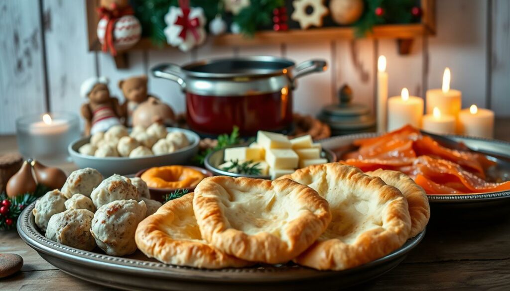 A festive tableau of traditional Norwegian Christmas dishes - a mouthwatering display of creamy, steaming kjøttkaker (meat balls), fragrant fårikål (lamb and cabbage stew), and glistening gravalaks (cured salmon). In the foreground, a platter of warm, flaky lefse flatbread, served with rich butter and tangy brunost (brown cheese). Simmering in the background, a pot of fragrant gløgg (mulled wine) emits an inviting aroma. The scene is set against a backdrop of rustic wooden shelves, adorned with handcrafted ornaments and the warm glow of flickering candles, evoking the cozy ambiance of a traditional Norwegian Christmastime kitchen. A festive tableau of traditional Norwegian Christmas dishes - a mouthwatering display of creamy, steaming kjøttkaker (meat balls), fragrant fårikål (lamb and cabbage stew), and glistening gravalaks (cured salmon). In the foreground, a platter of warm, flaky lefse flatbread, served with rich butter and tangy brunost (brown cheese). Simmering in the background, a pot of fragrant gløgg (mulled wine) emits an inviting aroma. The scene is set against a backdrop of rustic wooden shelves, adorned with handcrafted ornaments and the warm glow of flickering candles, evoking the cozy ambiance of a traditional Norwegian Christmastime kitchen.