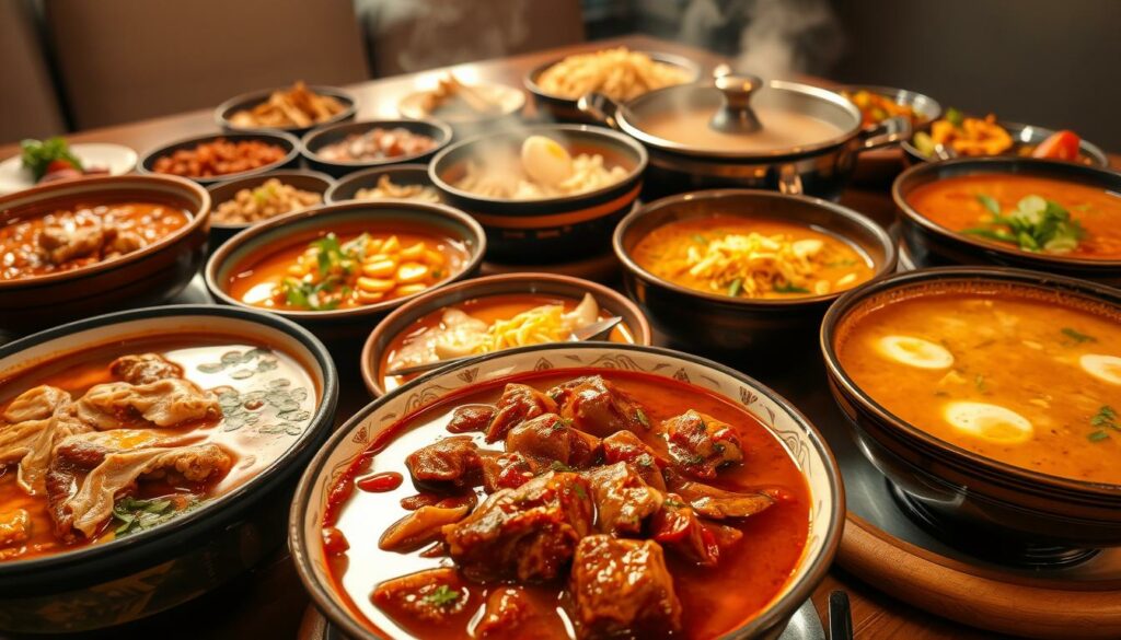 A lavish feast of Indonesian soups and stews, simmering with aromatic spices and rich, savory flavors. In the foreground, a bowl of hearty beef rendang, the tender meat infused with a complex blend of chili, coconut, and warm aromatics. Beside it, a fragrant bowl of soto ayam, chicken soup brimming with noodles, boiled eggs, and fresh herbs. In the middle ground, a steaming tureen of rich and creamy sayur labu, a pumpkin and coconut milk stew, garnished with crispy fried shallots. In the background, a table laden with other tempting dishes - bubbling lentil dhal, fragrant nasi goreng, and an assortment of vibrant sambals and pickles. Warm, inviting lighting casts a soft, golden glow over the scene, evoking the comforting, homestyle essence of Indonesian cuisine.