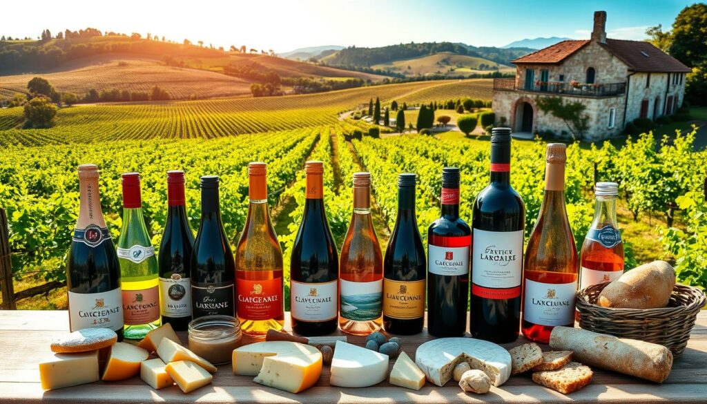 A lush, sun-drenched vineyard in the heart of the French countryside, with rolling hills and a charming stone winery in the background. In the foreground, an assortment of the finest French wine products, including bottles of red, white, and rosé, accompanied by a selection of local cheeses, fresh bread, and other delectable delicacies. The scene is captured with a warm, golden-hour lighting, creating a serene and inviting atmosphere that perfectly captures the essence of French culinary culture. A lush, sun-drenched vineyard in the heart of the French countryside, with rolling hills and a charming stone winery in the background. In the foreground, an assortment of the finest French wine products, including bottles of red, white, and rosé, accompanied by a selection of local cheeses, fresh bread, and other delectable delicacies. The scene is captured with a warm, golden-hour lighting, creating a serene and inviting atmosphere that perfectly captures the essence of French culinary culture.