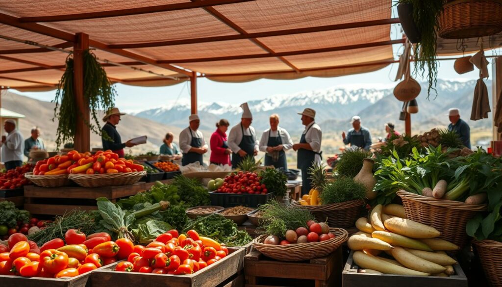 A lush, vibrant scene of a bustling open-air market in the heart of Peru. In the foreground, an abundance of locally-grown produce - vibrant peppers, plump tomatoes, and hearty tubers - artfully arranged on wooden crates. Woven baskets brimming with fragrant herbs and spices add pops of color. In the middle ground, a group of chefs and local culinary artisans engaged in animated discussion, sharing knowledge and techniques. The background reveals stunning Andean vistas, with snow-capped peaks in the distance. Warm, natural lighting bathes the scene, evoking a sense of harmony between the land, people, and the cuisine they create. An atmosphere of sustainability, community, and a deep connection to the earth permeates the image. A lush, vibrant scene of a bustling open-air market in the heart of Peru. In the foreground, an abundance of locally-grown produce - vibrant peppers, plump tomatoes, and hearty tubers - artfully arranged on wooden crates. Woven baskets brimming with fragrant herbs and spices add pops of color. In the middle ground, a group of chefs and local culinary artisans engaged in animated discussion, sharing knowledge and techniques. The background reveals stunning Andean vistas, with snow-capped peaks in the distance. Warm, natural lighting bathes the scene, evoking a sense of harmony between the land, people, and the cuisine they create. An atmosphere of sustainability, community, and a deep connection to the earth permeates the image.