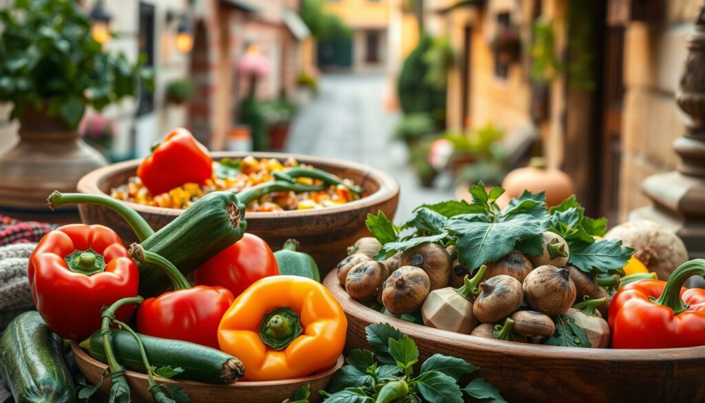 A lush, vibrant still life showcasing an array of traditional Czech vegetarian dishes. In the foreground, an assortment of colorful seasonal produce - fresh bell peppers, zucchini, mushrooms, and leafy greens - arranged in a rustic wooden bowl. Behind, a hearty plant-based stew or casserole simmers gently, its aroma filling the air. Warm, soft lighting casts a cozy glow, accentuating the earthen tones of the pottery and textiles that adorn the scene. In the background, a glimpse of a charming, historic Czech village street, hinting at the cultural context of these wholesome, nourishing dishes. The overall mood is one of simple, wholesome abundance - a celebration of the bounty of the Czech countryside. A lush, vibrant still life showcasing an array of traditional Czech vegetarian dishes. In the foreground, an assortment of colorful seasonal produce - fresh bell peppers, zucchini, mushrooms, and leafy greens - arranged in a rustic wooden bowl. Behind, a hearty plant-based stew or casserole simmers gently, its aroma filling the air. Warm, soft lighting casts a cozy glow, accentuating the earthen tones of the pottery and textiles that adorn the scene. In the background, a glimpse of a charming, historic Czech village street, hinting at the cultural context of these wholesome, nourishing dishes. The overall mood is one of simple, wholesome abundance - a celebration of the bounty of the Czech countryside.