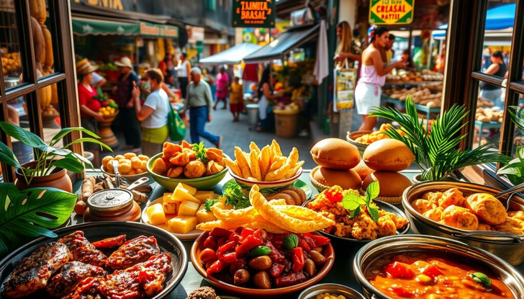 A lush, vibrant tableau showcasing the vibrant flavors of Brazil's must-try dishes. In the foreground, an array of authentic Brazilian delicacies arranged artfully - sizzling steaks, hearty feijoada stew, crisp acarajé fritters, and fragrant moqueca fish stew. Sunlight filters through an open window, casting a warm glow over the scene. In the background, glimpses of a bustling Brazilian street market, with vendors hawking tropical fruits, fragrant spices, and freshly baked breads. The overall atmosphere evokes the rich cultural heritage and culinary diversity of this captivating country.