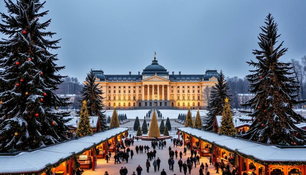 A majestic Baroque palace set against a winter wonderland, the Weihnachtsmarkt at Schloss Schönbrunn exudes imperial splendor. In the foreground, a bustling Christmas market filled with charming wooden stalls, twinkling lights, and the scent of mulled wine. Towering Christmas trees flank the scene, their branches heavy with ornaments. The grand façade of the palace rises in the middle ground, its gleaming white walls and ornate architecture bathed in a warm, golden light. In the distance, the meticulously landscaped grounds are blanketed in pristine snow, creating a serene and picturesque backdrop. The overall atmosphere is one of timeless elegance and holiday cheer, perfectly capturing the essence of a Viennese Christmas celebration. A majestic Baroque palace set against a winter wonderland, the Weihnachtsmarkt at Schloss Schönbrunn exudes imperial splendor. In the foreground, a bustling Christmas market filled with charming wooden stalls, twinkling lights, and the scent of mulled wine. Towering Christmas trees flank the scene, their branches heavy with ornaments. The grand façade of the palace rises in the middle ground, its gleaming white walls and ornate architecture bathed in a warm, golden light. In the distance, the meticulously landscaped grounds are blanketed in pristine snow, creating a serene and picturesque backdrop. The overall atmosphere is one of timeless elegance and holiday cheer, perfectly capturing the essence of a Viennese Christmas celebration.