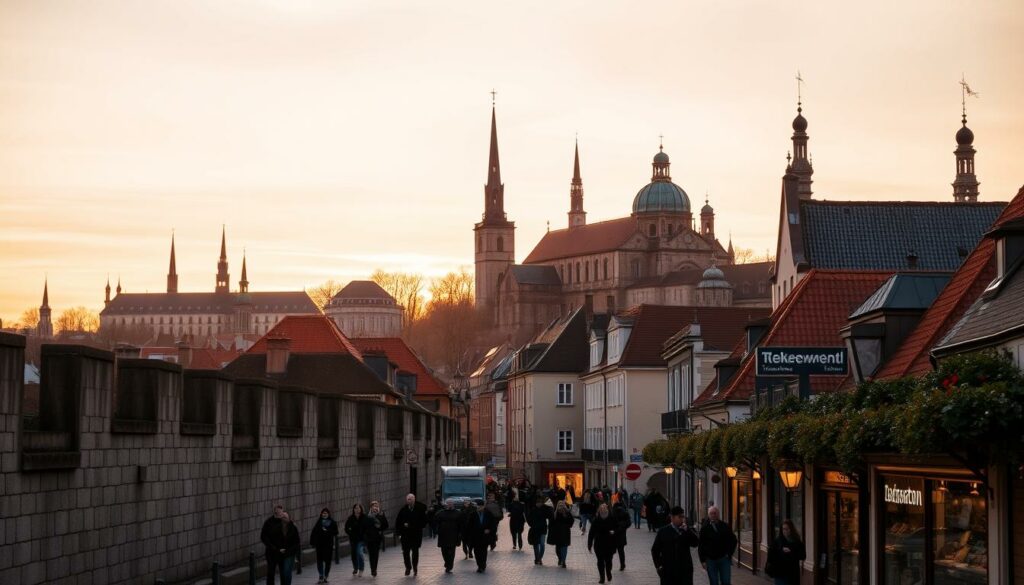 A majestic medieval city skyline, with the iconic spires and towers of Tallinn's Old Town silhouetted against a warm, golden-hued sky. In the foreground, a bustling scene of cultural landmarks - the weathered stone walls of the city, the grand Toompea Castle perched atop its hill, and the stately domes of Alexander Nevsky Cathedral. Pedestrians stroll along cobblestone streets, admiring the historic architecture and quaint shops. The overall atmosphere is one of timeless elegance and cultural richness, perfectly capturing the essence of Tallinn's enduring charm beyond the Christmas market.