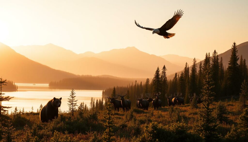 A majestic wilderness landscape in Canada's northern forests, with a wide, pristine lake reflecting the towering mountains in the background. In the foreground, a large male grizzly bear emerges from the thick foliage, standing alert and watchful. Nearby, a herd of majestic moose graze peacefully, their impressive antlers silhouetted against the golden sunset. Overhead, a bald eagle soars, its wings outstretched against a soft, hazy sky. The scene is lit by warm, natural lighting, evoking a sense of tranquility and the wonder of Canada's untamed wildlife. A majestic wilderness landscape in Canada's northern forests, with a wide, pristine lake reflecting the towering mountains in the background. In the foreground, a large male grizzly bear emerges from the thick foliage, standing alert and watchful. Nearby, a herd of majestic moose graze peacefully, their impressive antlers silhouetted against the golden sunset. Overhead, a bald eagle soars, its wings outstretched against a soft, hazy sky. The scene is lit by warm, natural lighting, evoking a sense of tranquility and the wonder of Canada's untamed wildlife.