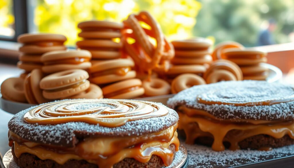 A mouthwatering display of traditional Argentinian pastries, a lavish arrangement of Dulce de Leche confections. In the foreground, a decadent cake with rich caramel swirls, topped with a dusting of powdered sugar. Surrounding it, an assortment of alfajores - buttery cookies sandwiched with thick, creamy Dulce de Leche. In the middle ground, a tower of Churros, golden and crisp, drizzled with the signature Argentine caramel sauce. The background showcases a vibrant, sun-dappled setting, hinting at the warmth and vibrancy of Argentinian culture. Soft, diffused lighting casts a warm, inviting glow over the entire scene, creating a sumptuous, appetite-whetting display of Argentinian sweet treats.