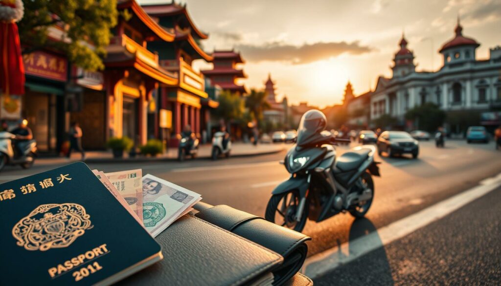 A panoramic landscape depicting the vibrant culture and practical travel essentials of Vietnam. In the foreground, a stylized Vietnamese passport with intricate calligraphic patterns, alongside an assortment of local currency and a compact travel wallet. In the middle ground, a sleek, modern motorbike weaves through bustling city streets, capturing the energy and convenience of urban transportation. The background showcases iconic Vietnamese architecture, including pagodas and French colonial-style buildings, bathed in warm, golden-hour lighting. The overall atmosphere evokes a sense of adventure, cultural immersion, and well-informed preparation for an unforgettable journey through Vietnam. A panoramic landscape depicting the vibrant culture and practical travel essentials of Vietnam. In the foreground, a stylized Vietnamese passport with intricate calligraphic patterns, alongside an assortment of local currency and a compact travel wallet. In the middle ground, a sleek, modern motorbike weaves through bustling city streets, capturing the energy and convenience of urban transportation. The background showcases iconic Vietnamese architecture, including pagodas and French colonial-style buildings, bathed in warm, golden-hour lighting. The overall atmosphere evokes a sense of adventure, cultural immersion, and well-informed preparation for an unforgettable journey through Vietnam.
