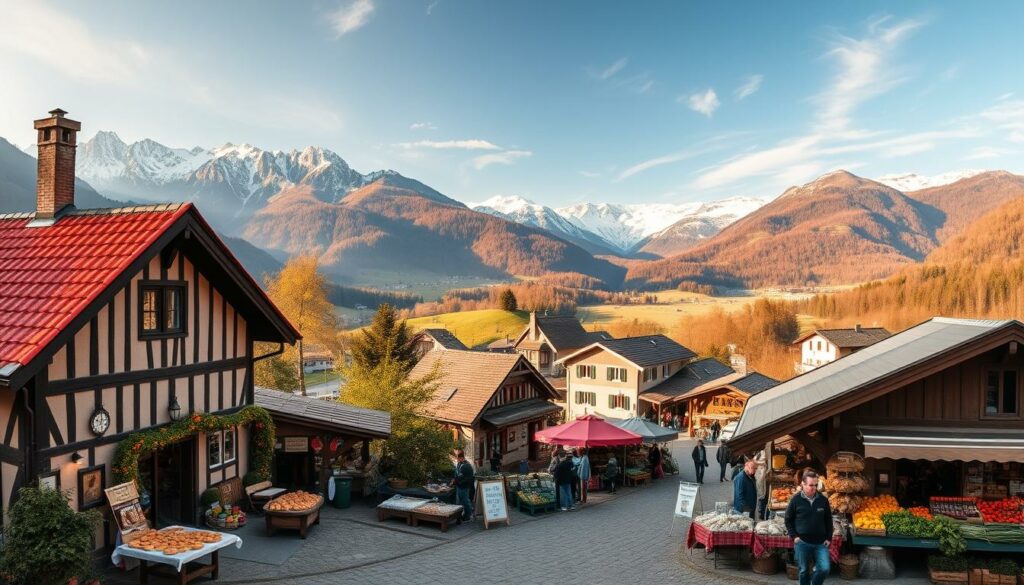 A panoramic view of a quaint Swiss alpine village nestled among rolling hills and snow-capped peaks. In the foreground, a charming farmhouse with a traditional red roof and a cozy outdoor seating area. Local artisanal food producers showcase their wares, from handcrafted cheeses and cured meats to freshly baked breads and jams. The middle ground reveals a bustling weekly farmer's market, with villagers browsing an array of organic produce, herbs, and handmade crafts. The background is filled with the majestic landscapes of the Swiss Alps, bathed in warm, golden sunlight. The scene evokes a sense of timeless tradition, authenticity, and a deep appreciation for the region's unique culinary heritage.