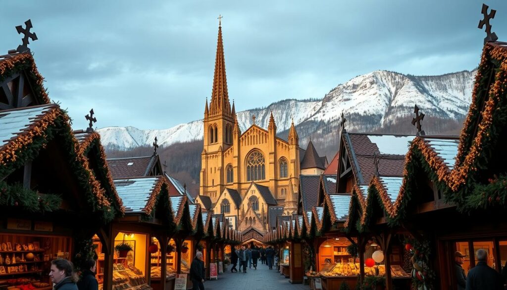 A panoramic view of the Christkindlesmarkt in Nuremberg, Germany, spanning the centuries. In the foreground, artisanal wooden stalls with traditional ornaments and handcrafted gifts. The middle ground features a striking Gothic cathedral, its spires reaching skyward, surrounded by quaint half-timbered buildings. In the background, a snow-capped mountainous landscape, evoking the region's rich history. The scene is illuminated by a warm, golden glow, capturing the cozy, festive atmosphere of this historic Christmas market. The composition showcases the market's evolution, from its medieval origins to its modern-day splendor, inviting the viewer on a journey through time. A panoramic view of the Christkindlesmarkt in Nuremberg, Germany, spanning the centuries. In the foreground, artisanal wooden stalls with traditional ornaments and handcrafted gifts. The middle ground features a striking Gothic cathedral, its spires reaching skyward, surrounded by quaint half-timbered buildings. In the background, a snow-capped mountainous landscape, evoking the region's rich history. The scene is illuminated by a warm, golden glow, capturing the cozy, festive atmosphere of this historic Christmas market. The composition showcases the market's evolution, from its medieval origins to its modern-day splendor, inviting the viewer on a journey through time.