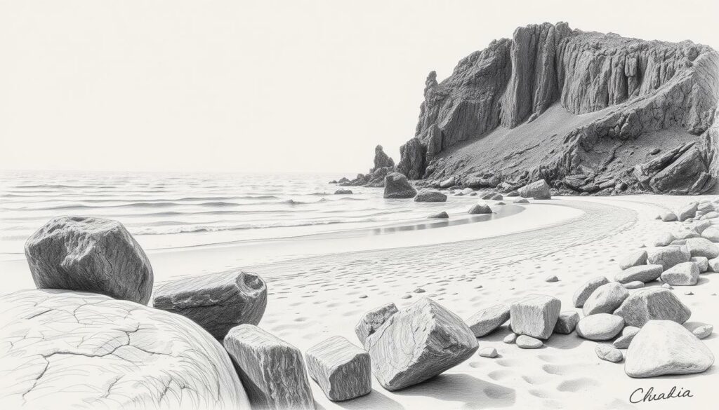 A peaceful, rocky beach on the rugged coastline of Gran Canaria, cast in soft, muted tones of gray and black. The foreground features a series of weathered, sun-bleached boulders, their surfaces textured with intricate patterns. In the middle ground, the sand gently slopes towards the lapping waves of a tranquil sea, its choppy surface rendered in delicate strokes of graphite. The background is dominated by a dramatic, craggy cliff face, its jagged silhouette cutting against the hazy, overcast sky. Splashes of muted, earthy tones - ochre, olive, and sienna - provide subtle pops of color, hinting at the island's volcanic origins. The overall scene conveys a sense of solitude and contemplation, inviting the viewer to imagine the forbidden pleasures of nude sunbathing on this secluded stretch of coastline.