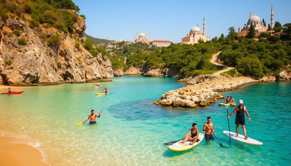 A picturesque coastal landscape in Turkey, with crystal-clear turquoise waters lapping against a golden sandy beach. In the foreground, people engage in various outdoor activities - kayaking, snorkeling, and stand-up paddleboarding. In the middle ground, a group of friends hike along a winding trail, taking in the stunning vistas of rugged cliffs and lush, verdant foliage. In the background, traditional Turkish architecture and domed mosques dot the horizon, creating a harmonious blend of natural and cultural elements. The warm, golden sunlight casts a soft, inviting glow over the entire scene, evoking a sense of tranquility and adventure. A picturesque coastal landscape in Turkey, with crystal-clear turquoise waters lapping against a golden sandy beach. In the foreground, people engage in various outdoor activities - kayaking, snorkeling, and stand-up paddleboarding. In the middle ground, a group of friends hike along a winding trail, taking in the stunning vistas of rugged cliffs and lush, verdant foliage. In the background, traditional Turkish architecture and domed mosques dot the horizon, creating a harmonious blend of natural and cultural elements. The warm, golden sunlight casts a soft, inviting glow over the entire scene, evoking a sense of tranquility and adventure.