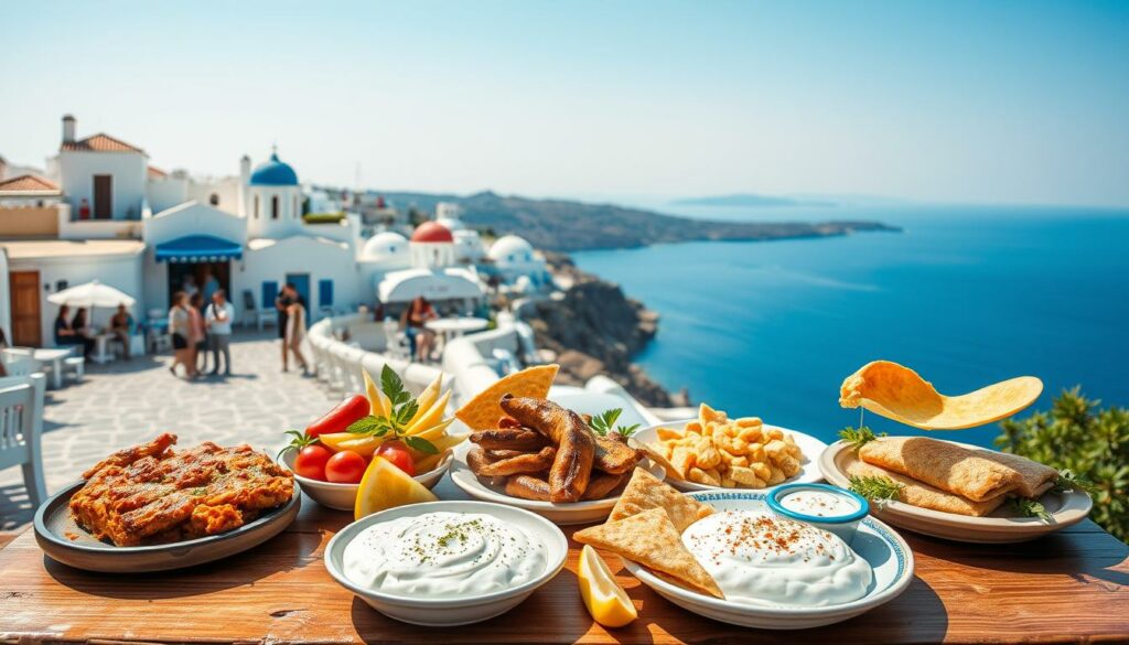 A picturesque scene of Greece's culinary highlights unfolds before the viewer's eyes. In the foreground, a vibrant array of traditional Greek dishes - from fragrant moussaka and juicy souvlaki to freshly baked spanakopita and tangy tzatziki - are artfully arranged on a rustic wooden table. The middle ground features a panoramic view of a quaint seaside town, with whitewashed buildings, cobblestone streets, and locals engaged in lively conversations. In the background, the stunning Aegean Sea glistens under the warm Mediterranean sun, with distant islands and azure skies creating a serene and inviting atmosphere. The overall composition evokes a sense of anticipation and excitement for the culinary adventures to come on this Greek journey.