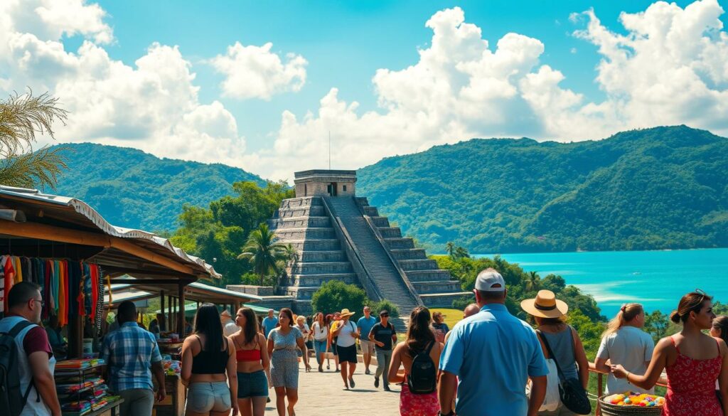 A picturesque scene showcasing the vibrant culture and natural beauty of Mexico. In the foreground, a group of travelers explore a bustling outdoor market, browsing colorful handcrafted wares and sampling local cuisine. The middle ground features a towering Mayan pyramid against a backdrop of lush, verdant hills. Warm, golden sunlight filters through wispy clouds, casting a serene, inviting atmosphere. In the distance, a glimpse of the sparkling azure waters of the Gulf of Mexico. The composition captures the essence of an immersive, enriching travel experience in this captivating destination. A picturesque scene showcasing the vibrant culture and natural beauty of Mexico. In the foreground, a group of travelers explore a bustling outdoor market, browsing colorful handcrafted wares and sampling local cuisine. The middle ground features a towering Mayan pyramid against a backdrop of lush, verdant hills. Warm, golden sunlight filters through wispy clouds, casting a serene, inviting atmosphere. In the distance, a glimpse of the sparkling azure waters of the Gulf of Mexico. The composition captures the essence of an immersive, enriching travel experience in this captivating destination.