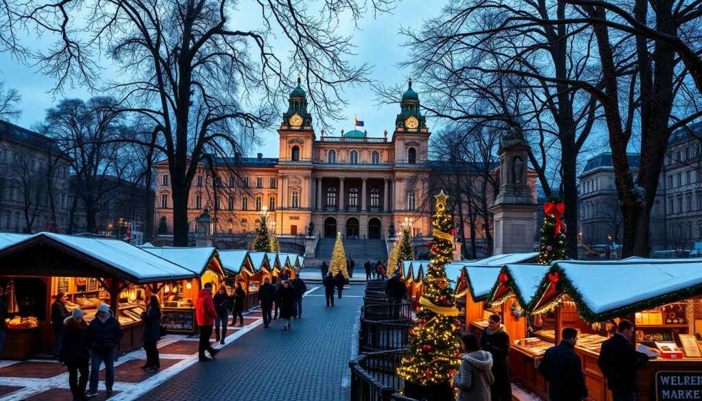 A picturesque winter evening at the romantic Charlottenburg Palace Christmas Market. The grand Baroque facade of the palace glows with warm lighting, its towers and turrets silhouetted against a dusky blue sky. In the foreground, snow-covered wooden stalls and festive red-and-green decorated trees line the cobblestone paths, their twinkling lights reflected in the tranquil pond. Bundled-up visitors browse the charming handcrafted wares and sip steaming mugs of mulled wine, creating a cozy, enchanting atmosphere. Tall, leafy trees frame the scene, their bare branches casting delicate shadows. A soft, natural light illuminates the entire winter wonderland, evoking a sense of traditional German Christmas magic. A picturesque winter evening at the romantic Charlottenburg Palace Christmas Market. The grand Baroque facade of the palace glows with warm lighting, its towers and turrets silhouetted against a dusky blue sky. In the foreground, snow-covered wooden stalls and festive red-and-green decorated trees line the cobblestone paths, their twinkling lights reflected in the tranquil pond. Bundled-up visitors browse the charming handcrafted wares and sip steaming mugs of mulled wine, creating a cozy, enchanting atmosphere. Tall, leafy trees frame the scene, their bare branches casting delicate shadows. A soft, natural light illuminates the entire winter wonderland, evoking a sense of traditional German Christmas magic.