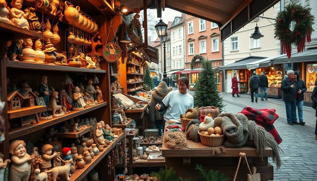 A quaint market stall in the historic old town, showcasing an array of handcrafted souvenirs. In the foreground, artisanal figurines, ornaments, and intricate textiles are artfully displayed on rustic wooden shelves. The middle ground features a skilled artisan meticulously working on a new creation, their hands deftly shaping the materials. In the background, the charming cobblestone streets and warm-lit buildings of the old town create a cozy, festive atmosphere. Soft, diffused lighting casts a gentle glow over the scene, highlighting the quality and craftsmanship of the unique, locally-sourced items. An inviting tableau that captures the essence of Tallinn's vibrant holiday market and the city's rich tradition of handmade souvenirs.