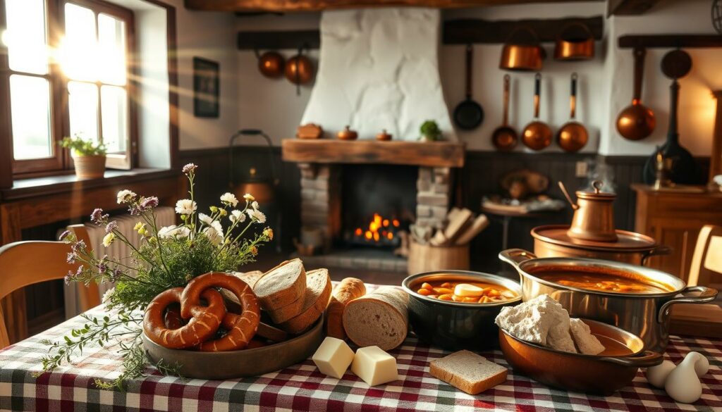 A rustic Bavarian kitchen scene, bathed in warm, golden light streaming through a large window. In the foreground, a traditional wooden table adorned with a checkered tablecloth, a bouquet of wildflowers, and an assortment of regional delicacies - freshly baked pretzels, thick-cut slices of dark rye bread, creamy butter, and a steaming pot of fragrant Bavarian stew. In the middle ground, a charming fireplace with a crackling fire, and on the walls, antique copper pots and pans hang in an organized display. The background features exposed wooden beams, whitewashed walls, and a cozy, inviting atmosphere that evokes the comfort and tradition of Bavarian cuisine. A rustic Bavarian kitchen scene, bathed in warm, golden light streaming through a large window. In the foreground, a traditional wooden table adorned with a checkered tablecloth, a bouquet of wildflowers, and an assortment of regional delicacies - freshly baked pretzels, thick-cut slices of dark rye bread, creamy butter, and a steaming pot of fragrant Bavarian stew. In the middle ground, a charming fireplace with a crackling fire, and on the walls, antique copper pots and pans hang in an organized display. The background features exposed wooden beams, whitewashed walls, and a cozy, inviting atmosphere that evokes the comfort and tradition of Bavarian cuisine.