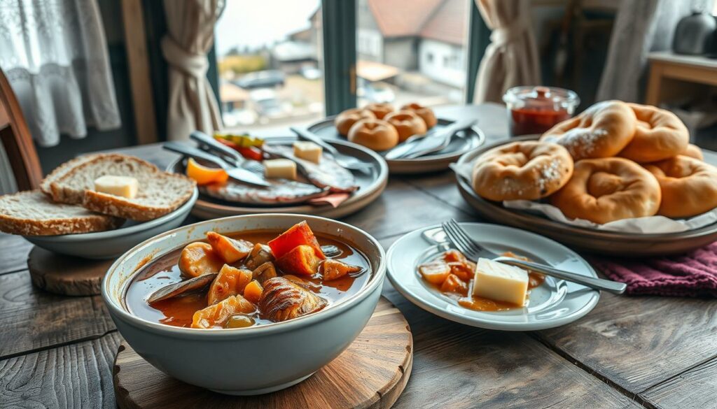 A rustic table set with an assortment of traditional Northern German culinary delights. In the foreground, a hearty seafood stew, its rich broth glistening, surrounded by fresh-baked rye bread and butter. Behind it, a platter of tender smoked fish, accompanied by tangy pickled vegetables. In the middle ground, a tray of buttery, golden-brown pastries dusted with powdered sugar, evoking the region's beloved baking heritage. The background features a glimpse of a quaint seaside town, its charming architecture bathed in warm, soft light filtering through lace curtains. The scene exudes a cozy, homespun atmosphere, inviting the viewer to savor the authentic flavors and traditions of Northern Germany. A rustic table set with an assortment of traditional Northern German culinary delights. In the foreground, a hearty seafood stew, its rich broth glistening, surrounded by fresh-baked rye bread and butter. Behind it, a platter of tender smoked fish, accompanied by tangy pickled vegetables. In the middle ground, a tray of buttery, golden-brown pastries dusted with powdered sugar, evoking the region's beloved baking heritage. The background features a glimpse of a quaint seaside town, its charming architecture bathed in warm, soft light filtering through lace curtains. The scene exudes a cozy, homespun atmosphere, inviting the viewer to savor the authentic flavors and traditions of Northern Germany.