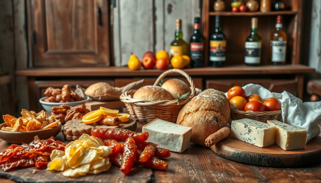A rustic table showcases an array of traditional Portuguese culinary delights. In the foreground, a selection of flavorful regional specialties: crisp petiscos, aromatic chouriço, and creamy queijo da serra. The middle ground features freshly baked broa de milho, crusty Portuguese rolls, and a basket of ripe, juicy fruits. In the background, a weathered wooden cabinet displays bottles of robust port wine and vibrant bottles of olive oil. Soft, warm lighting casts a cozy, inviting glow, evoking the spirit of Portuguese gastronomy. The scene exudes a sense of homespun authenticity, capturing the essence of Portugal's renowned culinary heritage. A rustic table showcases an array of traditional Portuguese culinary delights. In the foreground, a selection of flavorful regional specialties: crisp petiscos, aromatic chouriço, and creamy queijo da serra. The middle ground features freshly baked broa de milho, crusty Portuguese rolls, and a basket of ripe, juicy fruits. In the background, a weathered wooden cabinet displays bottles of robust port wine and vibrant bottles of olive oil. Soft, warm lighting casts a cozy, inviting glow, evoking the spirit of Portuguese gastronomy. The scene exudes a sense of homespun authenticity, capturing the essence of Portugal's renowned culinary heritage.