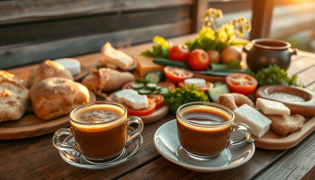 A rustic wooden table set with an array of traditional Turkish breakfast items. In the foreground, a steaming cup of rich Turkish coffee, with delicate foam and swirling steam. Alongside it, a selection of fresh breads, including fluffy pide and crusty simit, alongside flavorful cheeses, creamy white cheese, and tangy kaymak. In the middle ground, a variety of vibrant vegetables, such as sliced tomatoes, cucumbers, and fresh herbs, adding pops of color. In the background, a setting sun casts a warm, golden glow, creating a cozy, inviting atmosphere. The scene evokes the comfort and tradition of a quintessential Turkish morning meal, Kahvaltı.