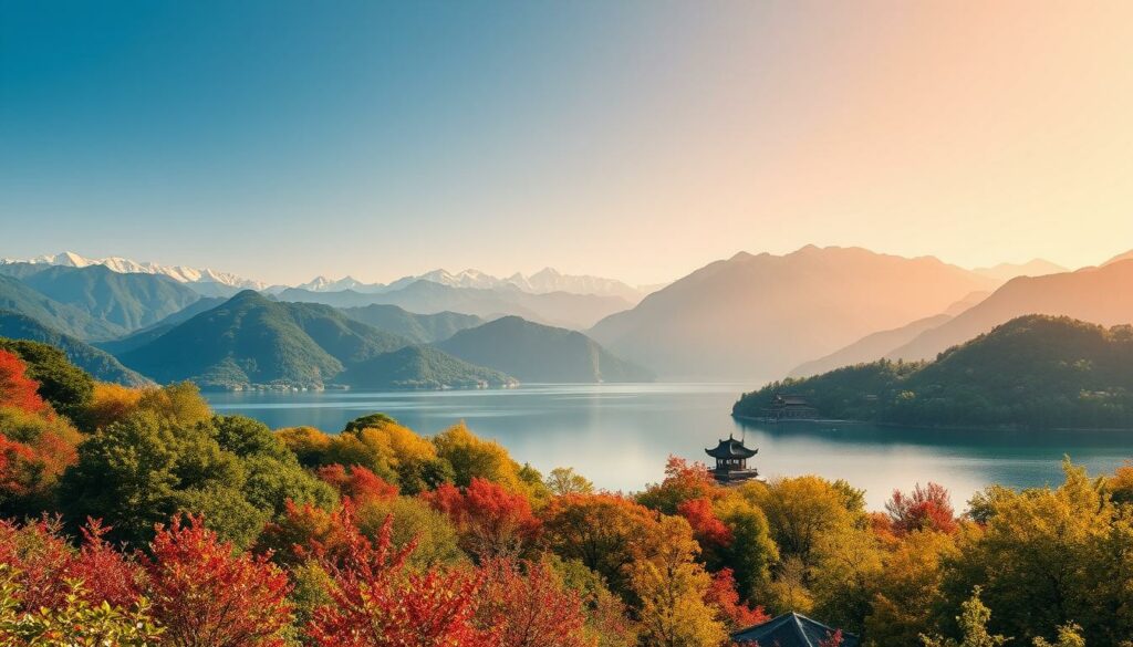 A scenic landscape of China in the prime travel season, captured with a wide-angle lens. In the foreground, lush green hills dotted with vibrant red and yellow foliage, hinting at the changing seasons. The middle ground features a serene lake, its calm waters reflecting the surrounding mountains and a traditional Chinese pavilion. In the distance, a range of snow-capped peaks pierce the clear, azure sky, bathed in soft, golden sunlight. The overall atmosphere conveys a sense of tranquility, harmony, and the beauty of China's natural wonders during the optimal time to visit.