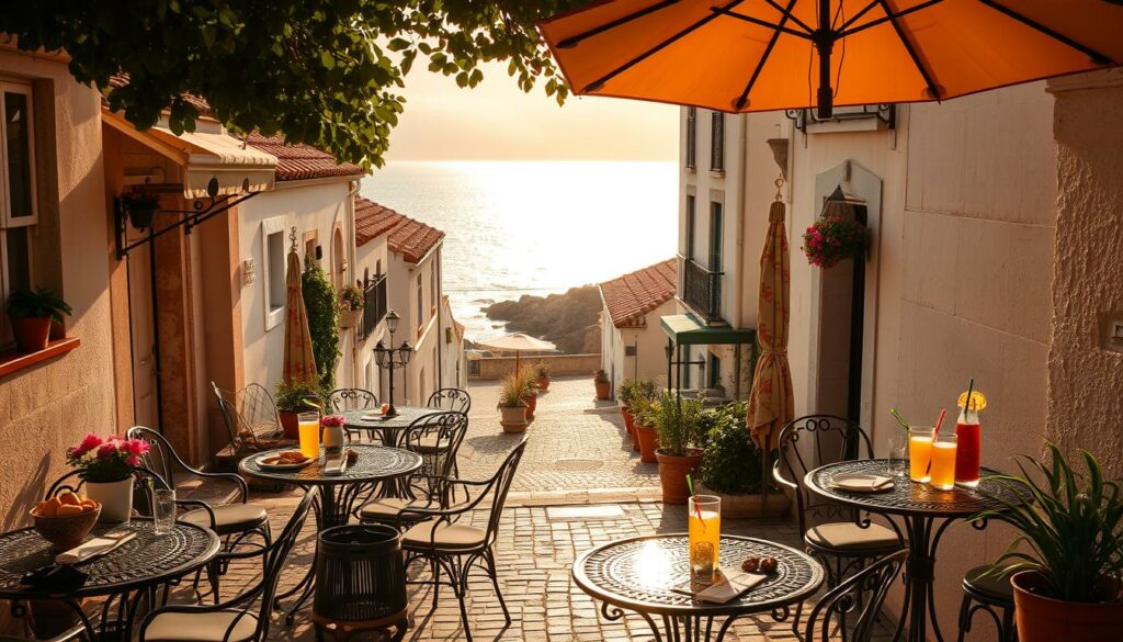 A serene Portuguese seaside town, bathed in golden afternoon light. In the foreground, a cozy cafe terrace with wrought-iron tables and chairs, brimming with local delicacies and refreshing beverages. Potted plants and colorful umbrellas add a lively touch. In the middle ground, narrow cobblestone streets wind between whitewashed buildings with tile roofs and quaint balconies. The background reveals the glistening ocean, its waves lapping against a rocky coastline. A tranquil, picturesque scene, inviting the viewer to imagine planning their own culinary journey through Portugal. A serene Portuguese seaside town, bathed in golden afternoon light. In the foreground, a cozy cafe terrace with wrought-iron tables and chairs, brimming with local delicacies and refreshing beverages. Potted plants and colorful umbrellas add a lively touch. In the middle ground, narrow cobblestone streets wind between whitewashed buildings with tile roofs and quaint balconies. The background reveals the glistening ocean, its waves lapping against a rocky coastline. A tranquil, picturesque scene, inviting the viewer to imagine planning their own culinary journey through Portugal.