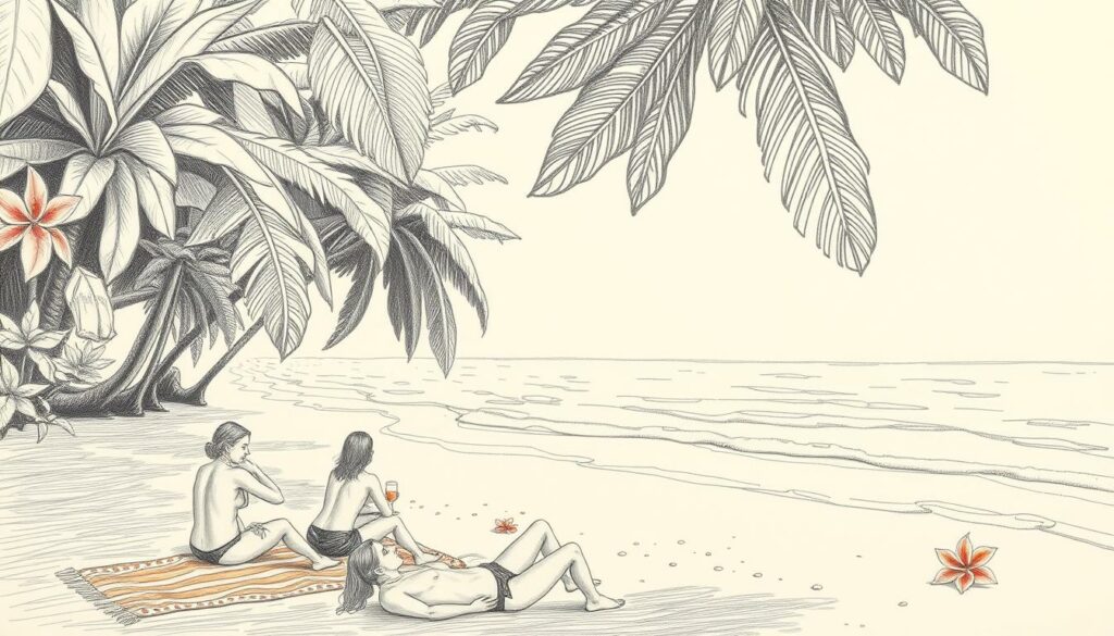 A serene beach scene with gentle waves lapping at the shore, framed by lush tropical foliage. In the foreground, a group of relaxed figures enjoy the sun, their bodies depicted in muted shades of graphite. Scattered among them, vibrant pops of color accent the scene - a vibrantly hued beach towel, a striking flower in bloom. The background is bathed in a soft, diffused light, creating an atmosphere of tranquility and escapism. The composition is balanced, with a harmonious interplay of shapes and tones, inviting the viewer to imagine the sights, sounds, and sensations of this idyllic FKK retreat.