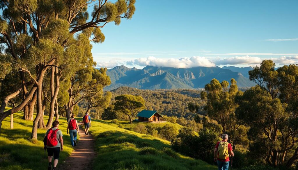 A serene landscape in regional Australia, showcasing the beauty of sustainable travel. In the foreground, a group of hikers explore a lush, verdant trail, their backpacks and hiking gear suggesting a mindful, low-impact journey. Towering eucalyptus trees line the path, casting dappled shadows across the scene. In the middle ground, a small, eco-friendly lodge nestles amidst the native flora, its architectural design in harmony with the surrounding environment. In the distance, rugged mountains rise, their peaks capped with wispy clouds, evoking a sense of tranquility and connection with nature. The lighting is soft and warm, highlighting the vibrant greens and earthy tones of the landscape. The overall mood is one of peaceful exploration, showcasing the sustainable and responsible ways to experience the natural wonders of Australia. A serene landscape in regional Australia, showcasing the beauty of sustainable travel. In the foreground, a group of hikers explore a lush, verdant trail, their backpacks and hiking gear suggesting a mindful, low-impact journey. Towering eucalyptus trees line the path, casting dappled shadows across the scene. In the middle ground, a small, eco-friendly lodge nestles amidst the native flora, its architectural design in harmony with the surrounding environment. In the distance, rugged mountains rise, their peaks capped with wispy clouds, evoking a sense of tranquility and connection with nature. The lighting is soft and warm, highlighting the vibrant greens and earthy tones of the landscape. The overall mood is one of peaceful exploration, showcasing the sustainable and responsible ways to experience the natural wonders of Australia.